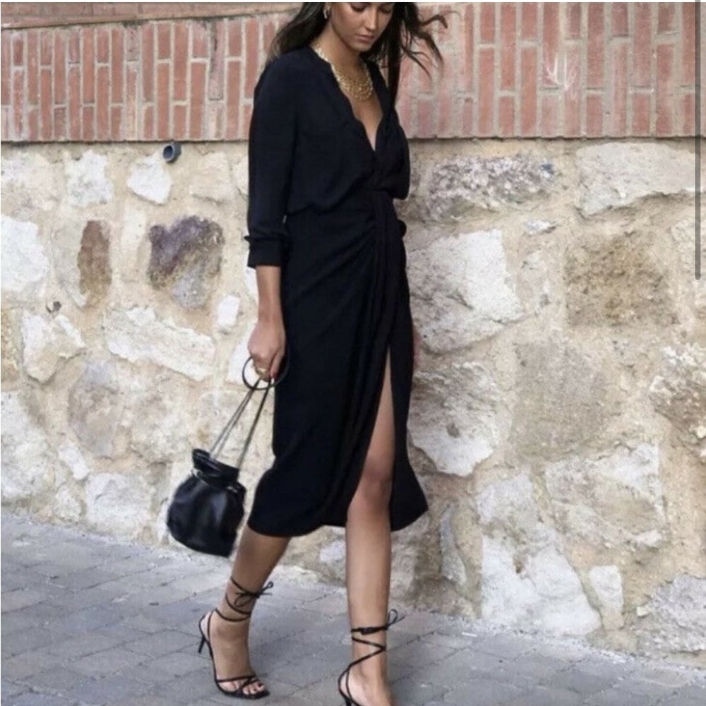 ZARA Black Low V Neck Slit Dress sz M
